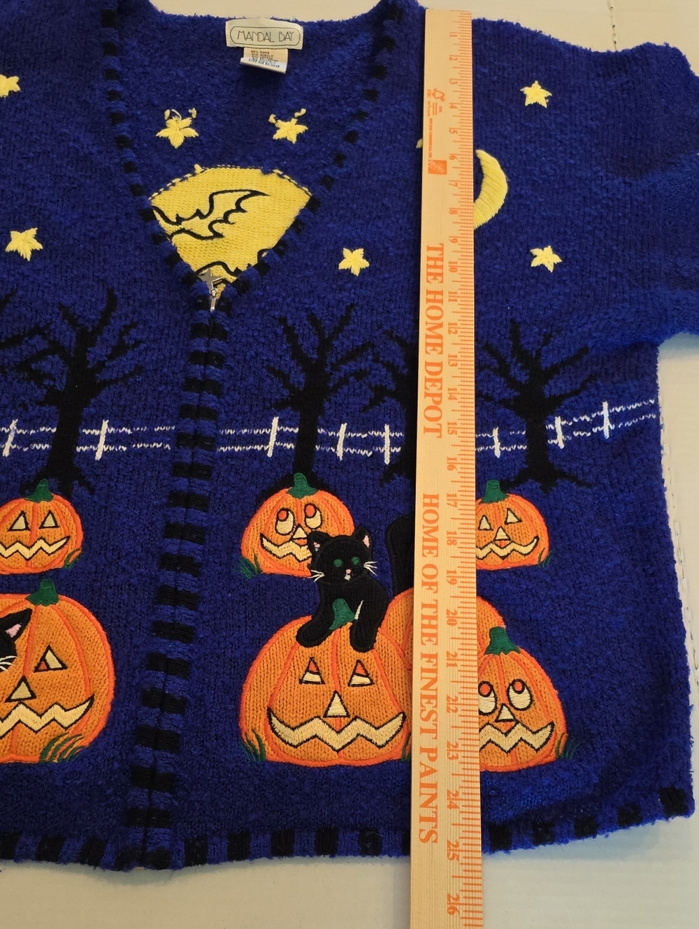 Mandal Bay Vintage 90s Halloween Zip Knit Cardigan Pumpkin Black Cat Bats XL - Picture 16 of 16